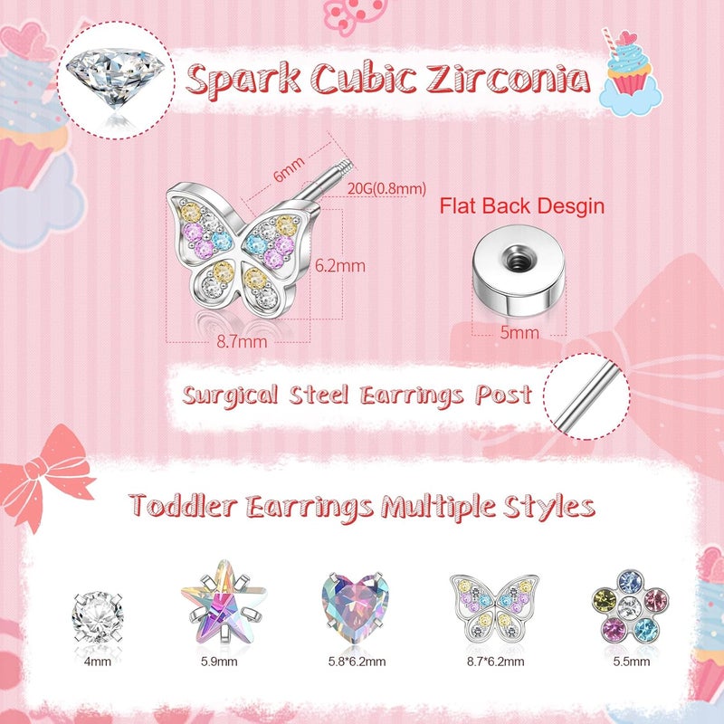 DALI Hypoallergenic Earrings for Girls,Toddler Screw Back Earrings for Kids Baby Women,Lightweight Surgical Steel Cute Pink Bow Butterfly Heart Flower CZ Flat Back Stud Earring for Sensitive Ears - Image 2